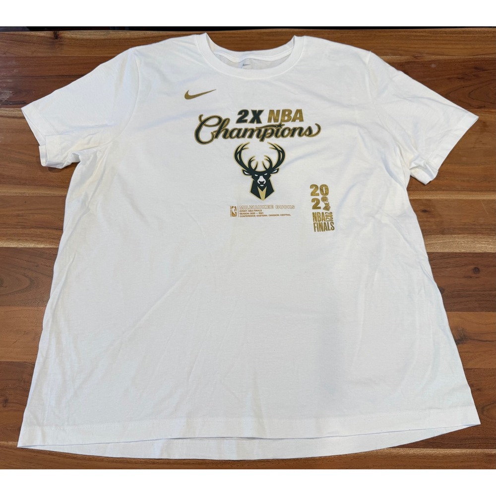 Nike Milwaukee Bucks 2X NBA Champions T-Shirt Mens XXL White 2021 Finals Gold